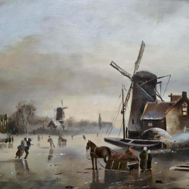 Antique Dutch Winter Landscape Oil Painting, Framed Original Artwork, Cottagecore Decor, Home Decor Wall Art, Collectible European Fine Art