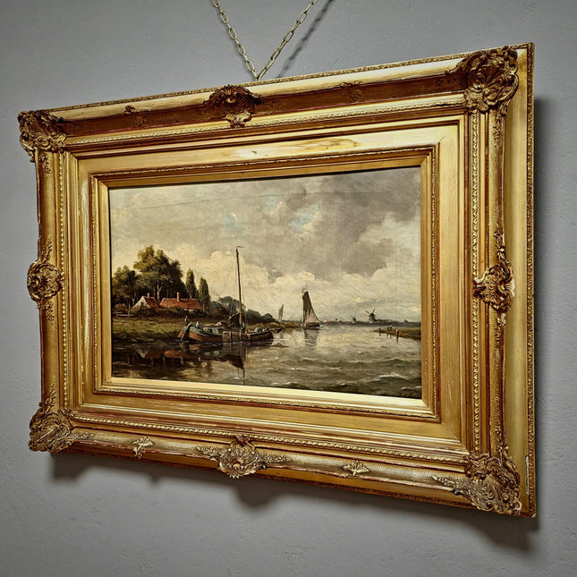 Antique Large Dutch River Landscape Oil Painting Gold Framed Artwork Original Vintage European Art Farmhouse Wall Decor Collectible Fine Art