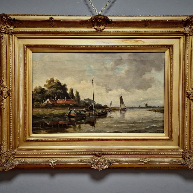 Antique Large Dutch River Landscape Oil Painting Gold Framed Artwork Original Vintage European Art Farmhouse Wall Decor Collectible Fine Art