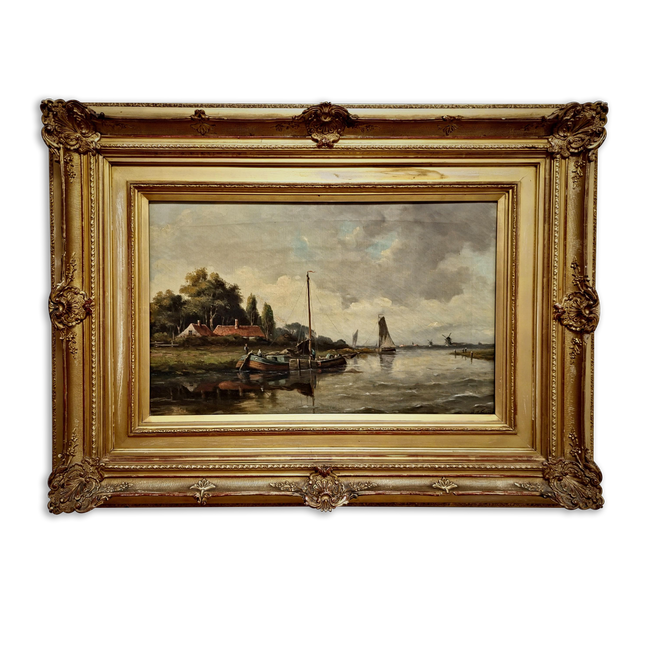 Antique Large Dutch River Landscape Oil Painting Gold Framed Artwork Original Vintage European Art Farmhouse Wall Decor Collectible Fine Art