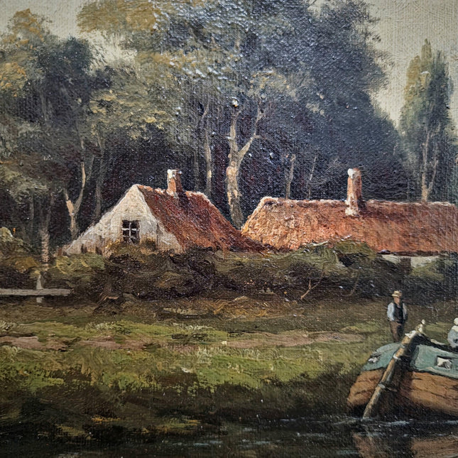Antique Large Dutch River Landscape Oil Painting Gold Framed Artwork Original Vintage European Art Farmhouse Wall Decor Collectible Fine Art