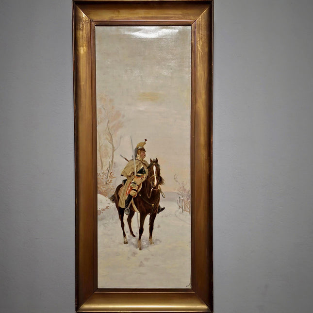 Antique Oil Painting, Original Vintage Winter Landscape, French Cuirassier Artwork, Gold Framed Wall Art, Collectible European Wall Decor