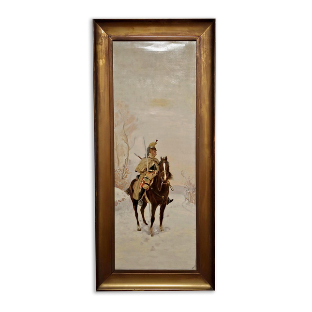 Antique Oil Painting, Original Vintage Winter Landscape, French Cuirassier Artwork, Gold Framed Wall Art, Collectible European Wall Decor