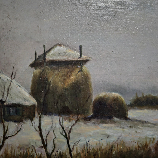Antique Dutch Dark Moody Winter Landscape Oil Painting, Framed Original Artwork, Cottagecore Farmhouse Wall Decor, Vintage Signed Rustic Art
