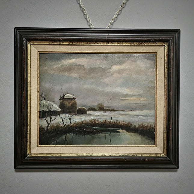 Antique Dutch Dark Moody Winter Landscape Oil Painting, Framed Original Artwork, Cottagecore Farmhouse Wall Decor, Vintage Signed Rustic Art