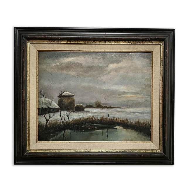 Antique Dutch Dark Moody Winter Landscape Oil Painting, Framed Original Artwork, Cottagecore Farmhouse Wall Decor, Vintage Signed Rustic Art