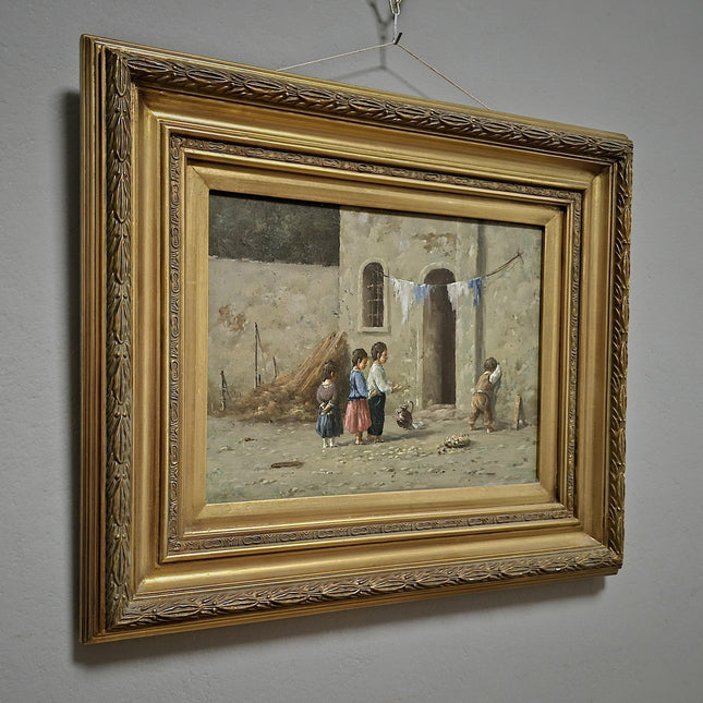 Vintage Dutch Oil Painting of Playing Children, Gold Framed Original Artwork, Rustic Cottagecore Wall Decor, Collectible European Fine Art