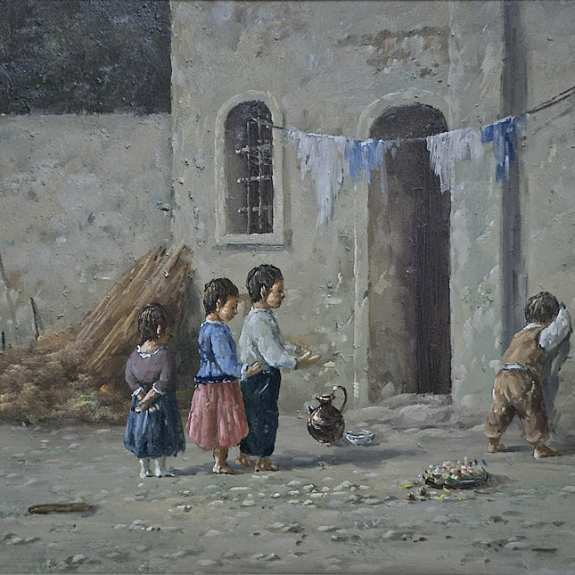Vintage Dutch Oil Painting of Playing Children, Gold Framed Original Artwork, Rustic Cottagecore Wall Decor, Collectible European Fine Art