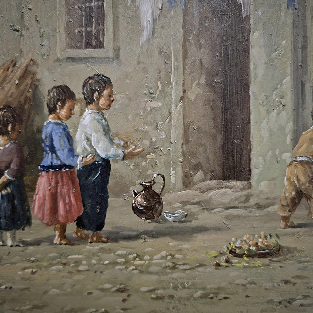 Vintage Dutch Oil Painting of Playing Children, Gold Framed Original Artwork, Rustic Cottagecore Wall Decor, Collectible European Fine Art