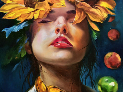 Surreal Woman with Sunflowers Oil Painting, French Portrait Art
