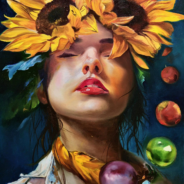 Surreal Woman with Sunflowers Oil Painting, French Portrait Art