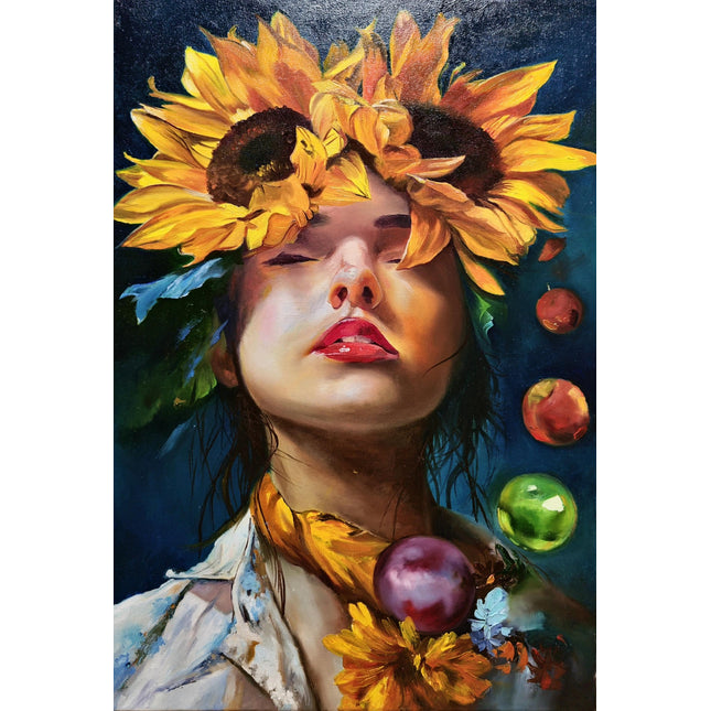Surreal Woman with Sunflowers Oil Painting, French Portrait Art