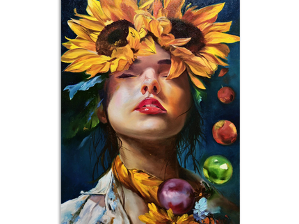 Surreal Woman with Sunflowers Oil Painting, French Portrait Art