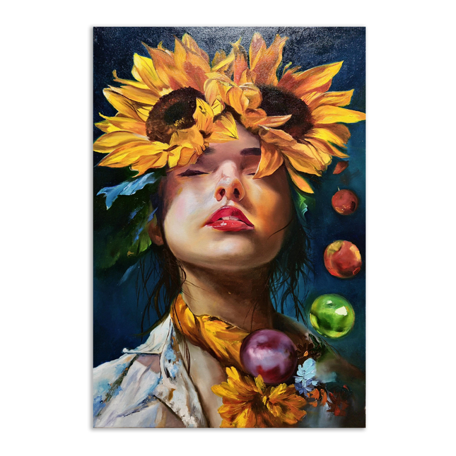 Surreal Woman with Sunflowers Oil Painting, French Portrait Art