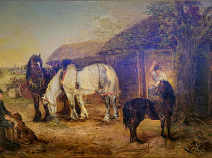 Antique British Victorian Rural Landscape Oil Painting, Original Horse Barn Signed Painting, Rustic Dark Muted Pastoral Equestrian Farm Art