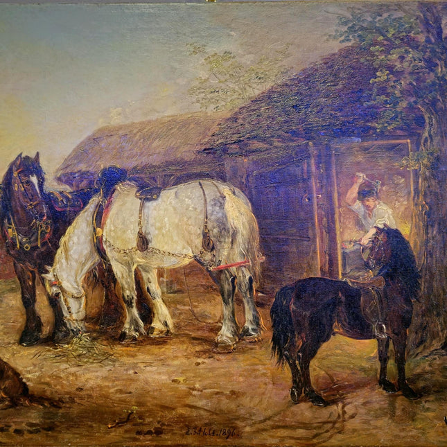 Antique British Victorian Rural Landscape Oil Painting, Original Horse Barn Signed Painting, Rustic Dark Muted Pastoral Equestrian Farm Art