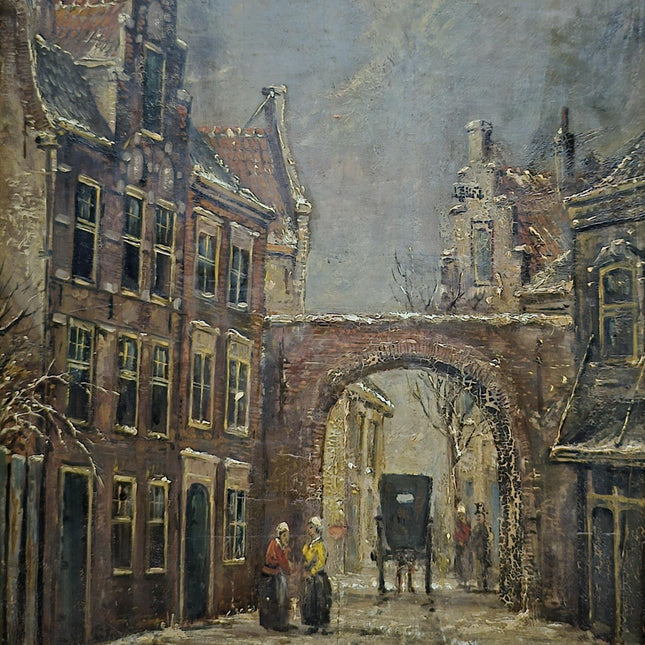 Vintage Dutch Streetscape Oil Painting, Signed Gold Framed Original Artwork, Cottagecore Decor, Home Wall Art, Collectible Fine Landscape