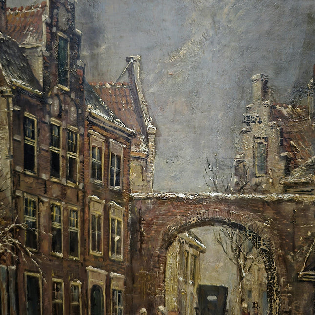 Vintage Dutch Streetscape Oil Painting, Signed Gold Framed Original Artwork, Cottagecore Decor, Home Wall Art, Collectible Fine Landscape