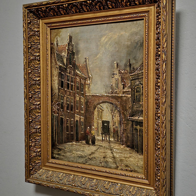 Vintage Dutch Streetscape Oil Painting, Signed Gold Framed Original Artwork, Cottagecore Decor, Home Wall Art, Collectible Fine Landscape
