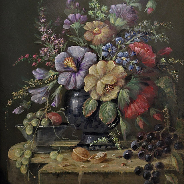 Vintage Dutch Floral Fruit Still Life Oil Painting, Original Gold Framed Artwork, Cottagecore Decor, Dark Academia, Collectible Fine Art