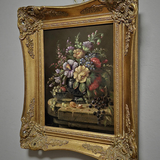 Vintage Dutch Floral Fruit Still Life Oil Painting, Original Gold Framed Artwork, Cottagecore Decor, Dark Academia, Collectible Fine Art
