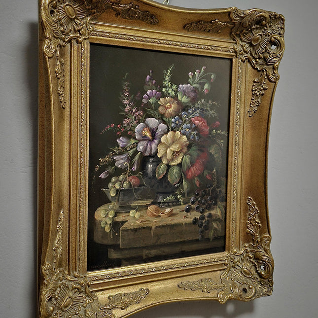 Vintage Dutch Floral Fruit Still Life Oil Painting, Original Gold Framed Artwork, Cottagecore Decor, Dark Academia, Collectible Fine Art