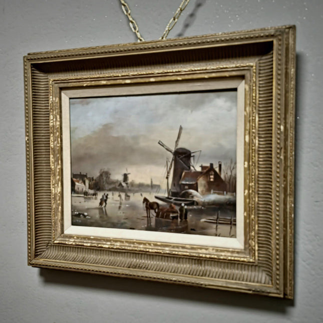 Antique Dutch Winter Landscape Oil Painting, Framed Original Artwork, Cottagecore Decor, Home Decor Wall Art, Collectible European Fine Art