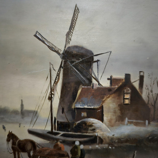 Antique Dutch Winter Landscape Oil Painting, Framed Original Artwork, Cottagecore Decor, Home Decor Wall Art, Collectible European Fine Art