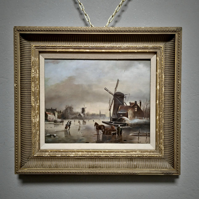 Antique Dutch Winter Landscape Oil Painting, Framed Original Artwork, Cottagecore Decor, Home Decor Wall Art, Collectible European Fine Art