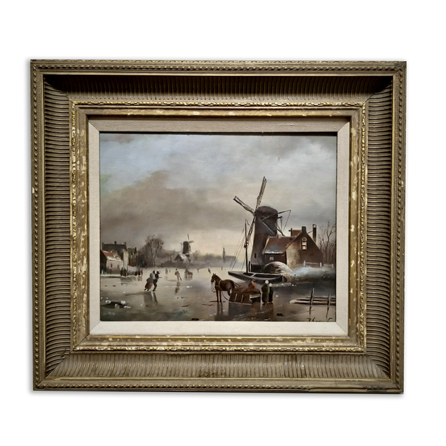 Antique Dutch Winter Landscape Oil Painting, Framed Original Artwork, Cottagecore Decor, Home Decor Wall Art, Collectible European Fine Art