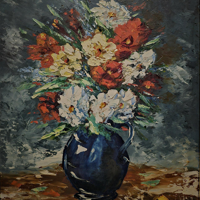 Vintage French Floral Oil Painting, Signed Still Life Blue Vase Bouquet, Original Cottagecore Wall Art, Elegant Home Decor Gift