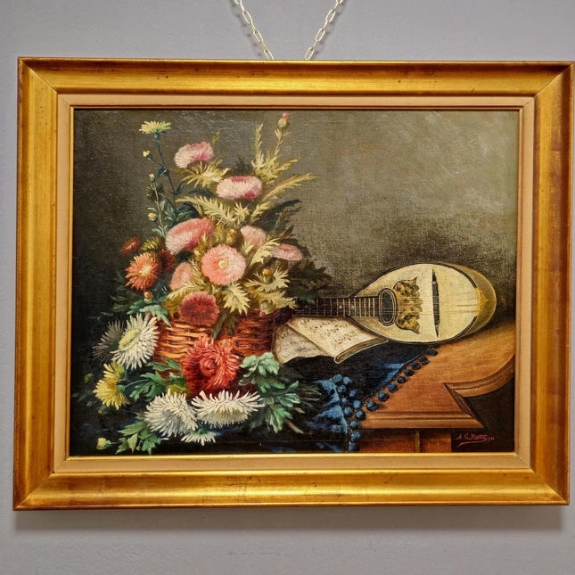 Antique French Floral Still Life Oil Painting, Dark Muted Flowers Mandolin Signed Original Painting, Vintage French Farmhouse Cabin Decor