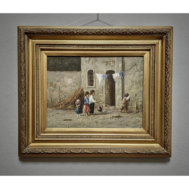 Vintage Dutch Oil Painting of Playing Children, Gold Framed Original Artwork, Rustic Cottagecore Wall Decor, Collectible European Fine Art