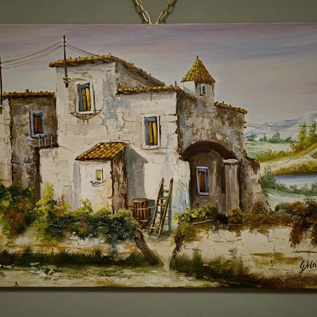 Vintage Italian Landscape Oil Painting, Signed Tuscan Village Scene, Rustic Countryside Art, Mediterranean Home Decor, Original Artwork