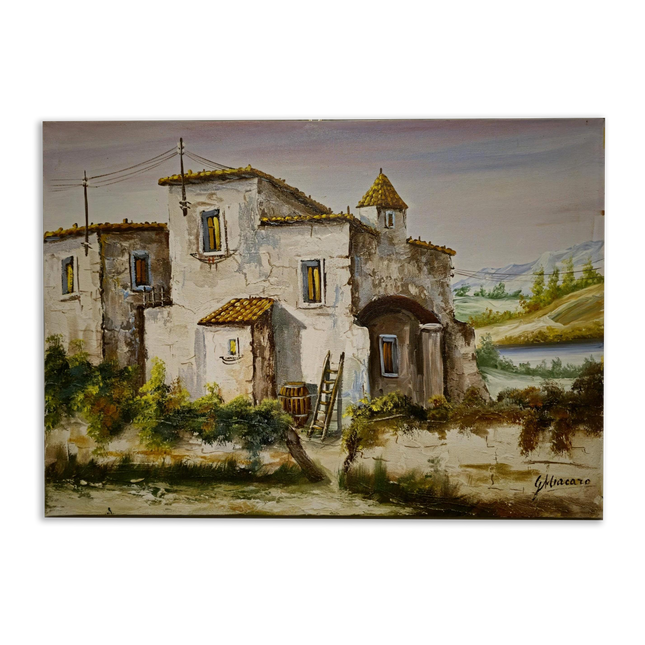 Vintage Italian Landscape Oil Painting, Signed Tuscan Village Scene, Rustic Countryside Art, Mediterranean Home Decor, Original Artwork