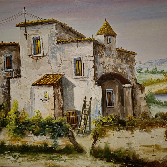 Vintage Italian Landscape Oil Painting, Signed Tuscan Village Scene, Rustic Countryside Art, Mediterranean Home Decor, Original Artwork