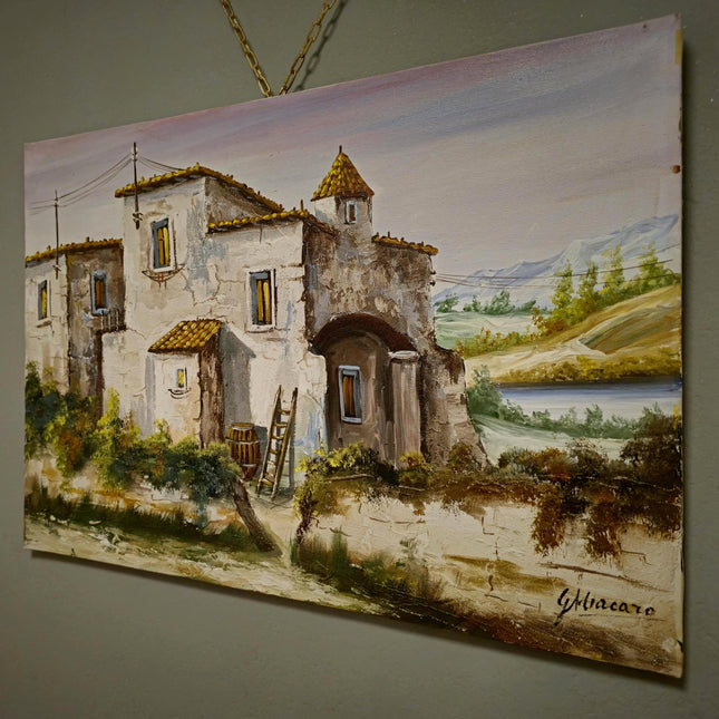 Vintage Italian Landscape Oil Painting, Signed Tuscan Village Scene, Rustic Countryside Art, Mediterranean Home Decor, Original Artwork