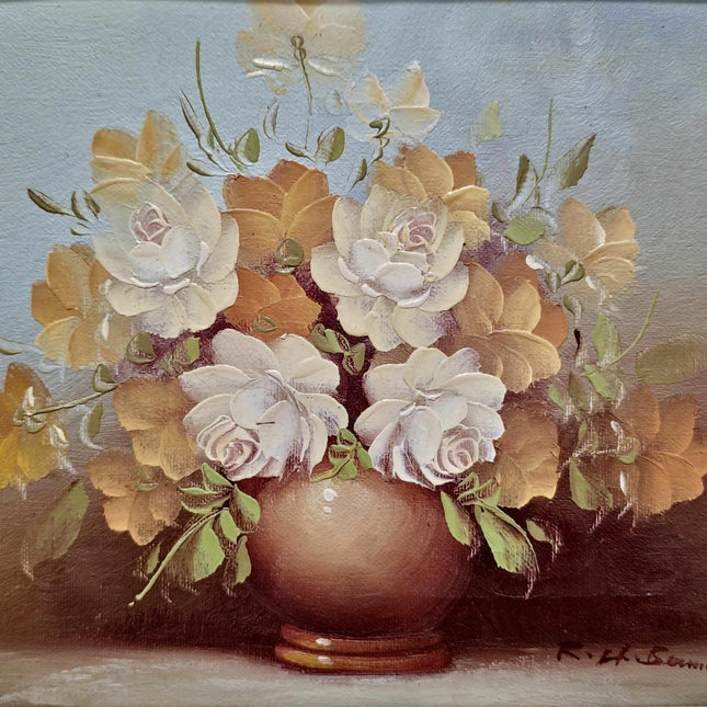 Vintage French Floral Oil Painting, Signed Still Life with Roses, Bouquet in Vase Artwork, Cottagecore Wall Decor, Unique Gift