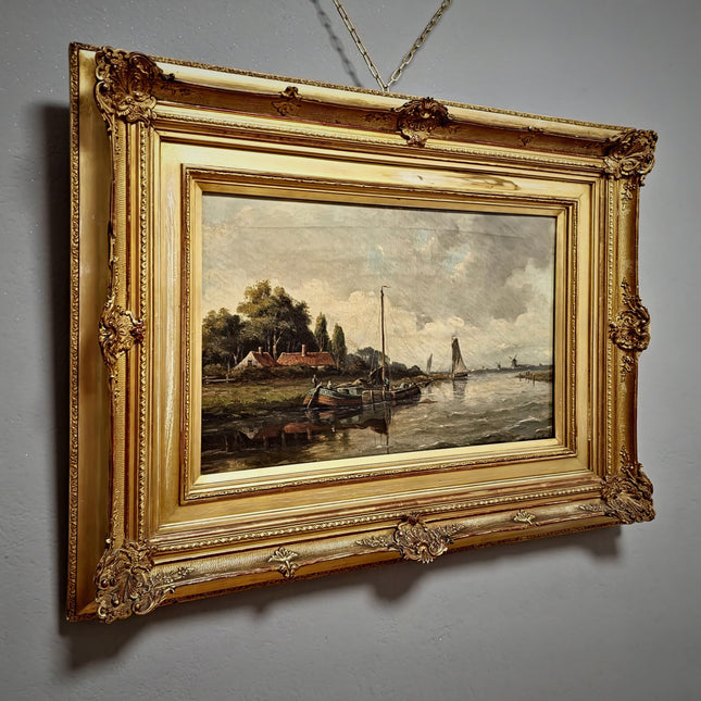 Antique Large Dutch River Landscape Oil Painting Gold Framed Artwork Original Vintage European Art Farmhouse Wall Decor Collectible Fine Art