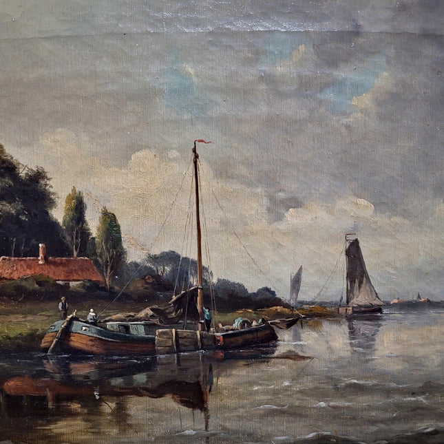 Antique Large Dutch River Landscape Oil Painting Gold Framed Artwork Original Vintage European Art Farmhouse Wall Decor Collectible Fine Art