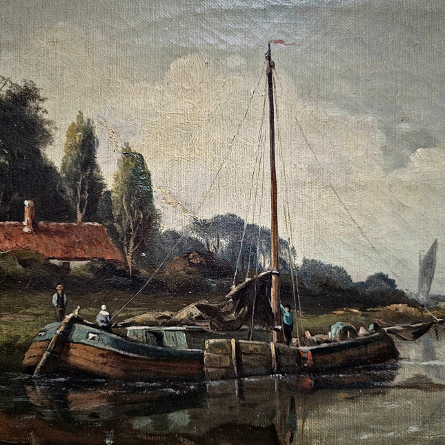 Antique Large Dutch River Landscape Oil Painting Gold Framed Artwork Original Vintage European Art Farmhouse Wall Decor Collectible Fine Art