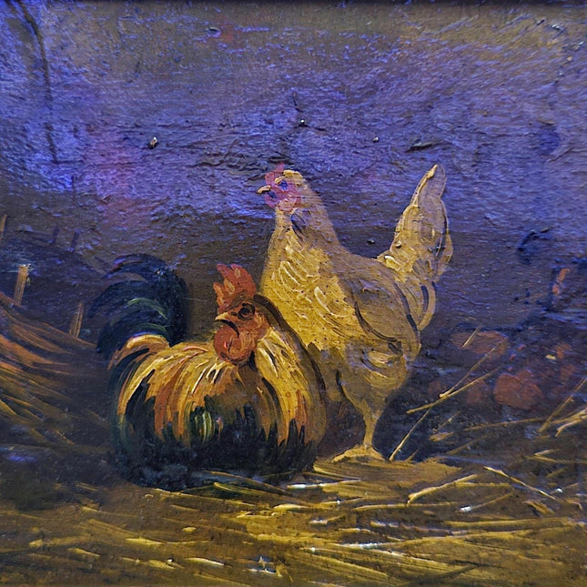Antique Swiss Farmyard Oil Painting, Signed Chicken Animal Scene, Rustic Farmhouse Wall Decor, Cottagecore Art, Collectible Fine Piece