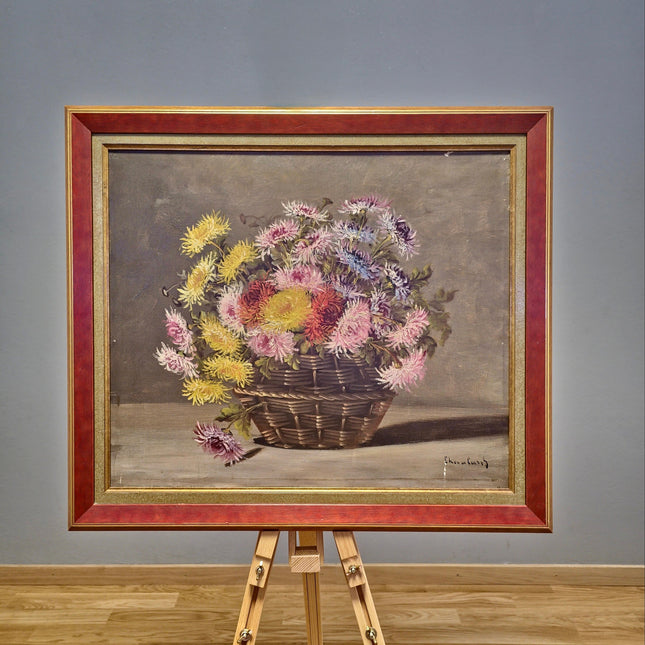 Antique French Floral Oil Painting, Signed Still Life with Asters, Rustic Basket Bouquet Art, Cottagecore Wall Decor, Framed Fine Art