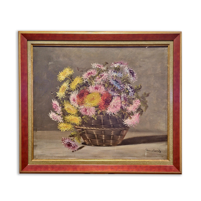 Antique French Floral Oil Painting, Signed Still Life with Asters, Rustic Basket Bouquet Art, Cottagecore Wall Decor, Framed Fine Art