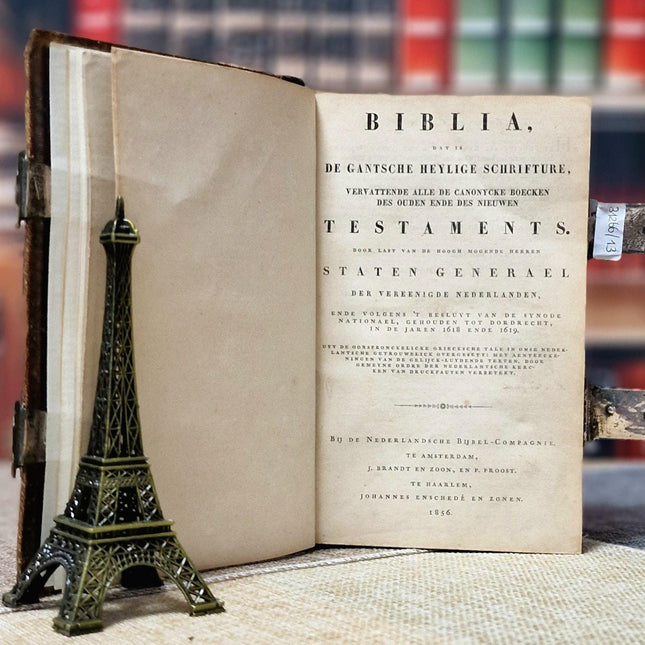 1856 Rare Antique Dutch Bible, Old & New Testament, Leather Bound, Double Silver Floral Locks, Collectible Heirloom Religious Scripture Gift