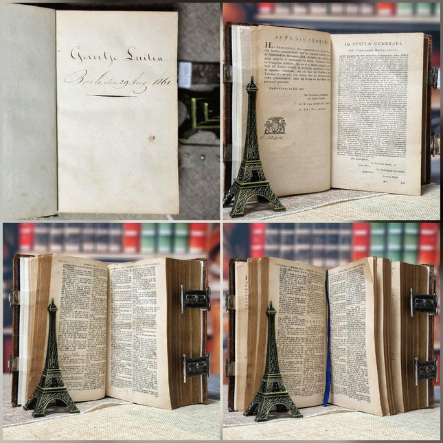 1856 Rare Antique Dutch Bible, Old & New Testament, Leather Bound, Double Silver Floral Locks, Collectible Heirloom Religious Scripture Gift