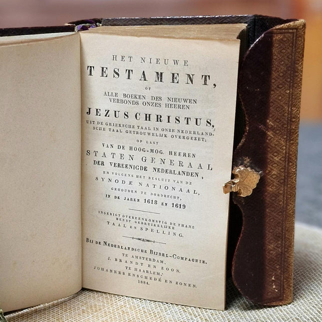 1884 Rare Antique Dutch New Testament Bible, Leather Bound with Gold Lock, Engraved Clasp, Vintage Collectible Religious Scripture Gift