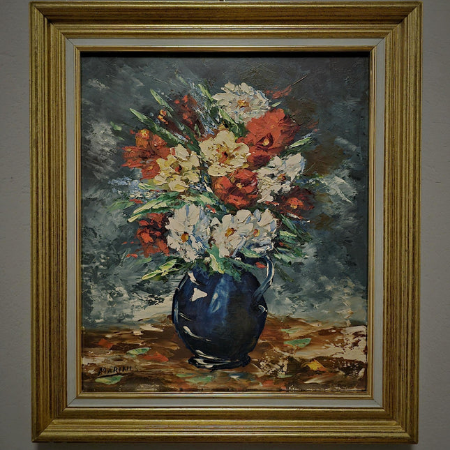Vintage French Floral Oil Painting, Signed Still Life Blue Vase Bouquet, Original Cottagecore Wall Art, Elegant Home Decor Gift