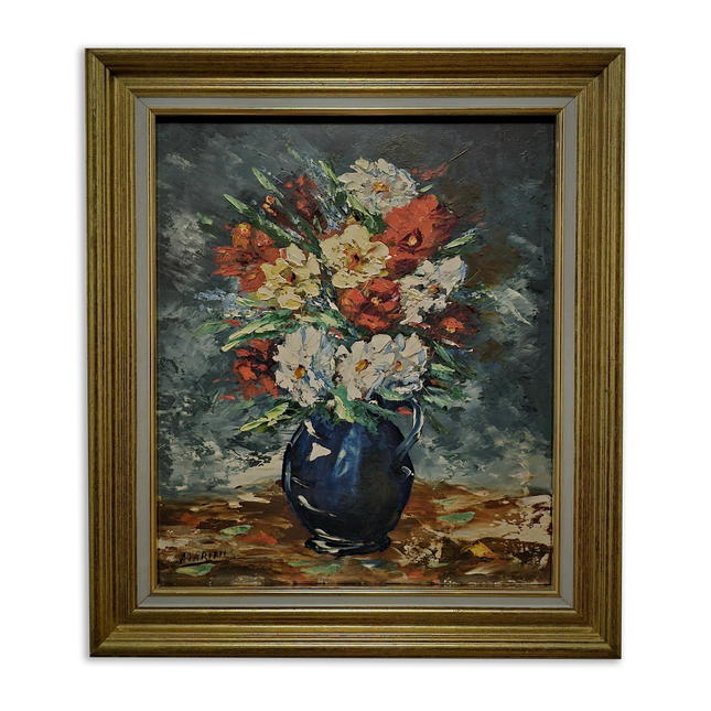 Vintage French Floral Oil Painting, Signed Still Life Blue Vase Bouquet, Original Cottagecore Wall Art, Elegant Home Decor Gift