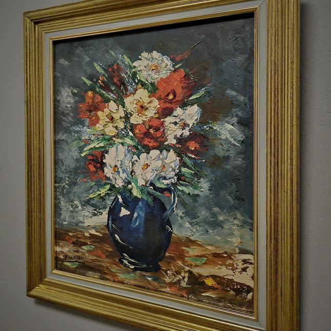Vintage French Floral Oil Painting, Signed Still Life Blue Vase Bouquet, Original Cottagecore Wall Art, Elegant Home Decor Gift